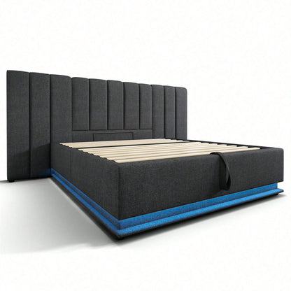 Polsterbett 180*200, Doppelbett Stauraumbett mit LED und USB-C Ladefunktion, Bettgestell mit Lattenrost, Leinen, Beige, Ohne Matratze und Nachttisch