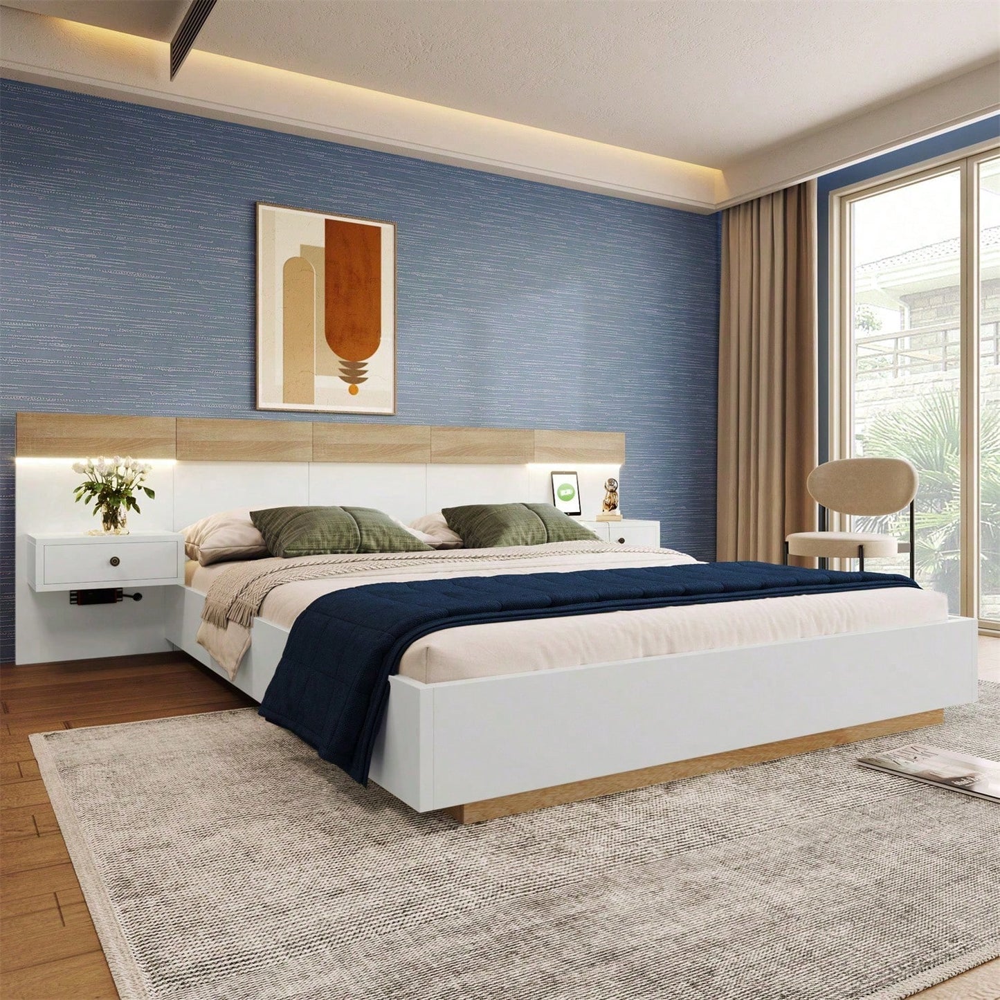 Doppelbett Bettanlage mit 2 LED Nachtkommoden& USB C Steckdose 180 x 200 cm Holzbett inkl. 2 Nachttischen Schlafzimmer Komplett--205x284x90.5 cm(T/B/H) Set in Eiche Sonoma/Weiß