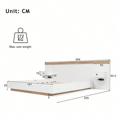Doppelbett Bettanlage mit 2 LED Nachtkommoden& USB C Steckdose 180 x 200 cm Holzbett inkl. 2 Nachttischen Schlafzimmer Komplett--205x284x90.5 cm(T/B/H) Set in Eiche Sonoma/Weiß