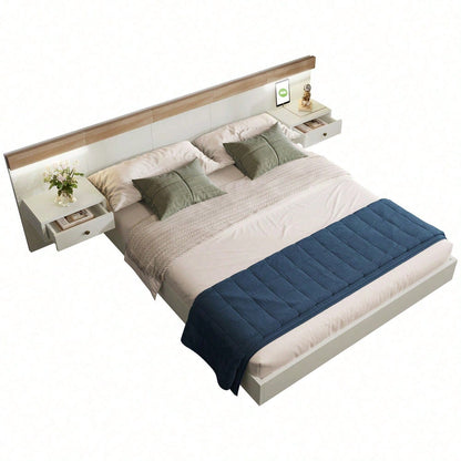 Doppelbett Bettanlage mit 2 LED Nachtkommoden& USB C Steckdose 180 x 200 cm Holzbett inkl. 2 Nachttischen Schlafzimmer Komplett--205x284x90.5 cm(T/B/H) Set in Eiche Sonoma/Weiß