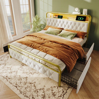 Polsterbett Doppelbett mit aufladen USB Type C Ladefunktion APP-Control LED Bettgestell Metallbett 140*200 Bettrahmen und 4 Schubladen, Samt