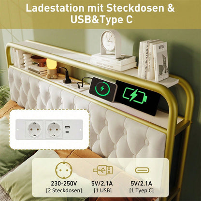Polsterbett Doppelbett mit aufladen USB Type C Ladefunktion APP-Control LED Bettgestell Metallbett 140*200 Bettrahmen und 4 Schubladen, Samt