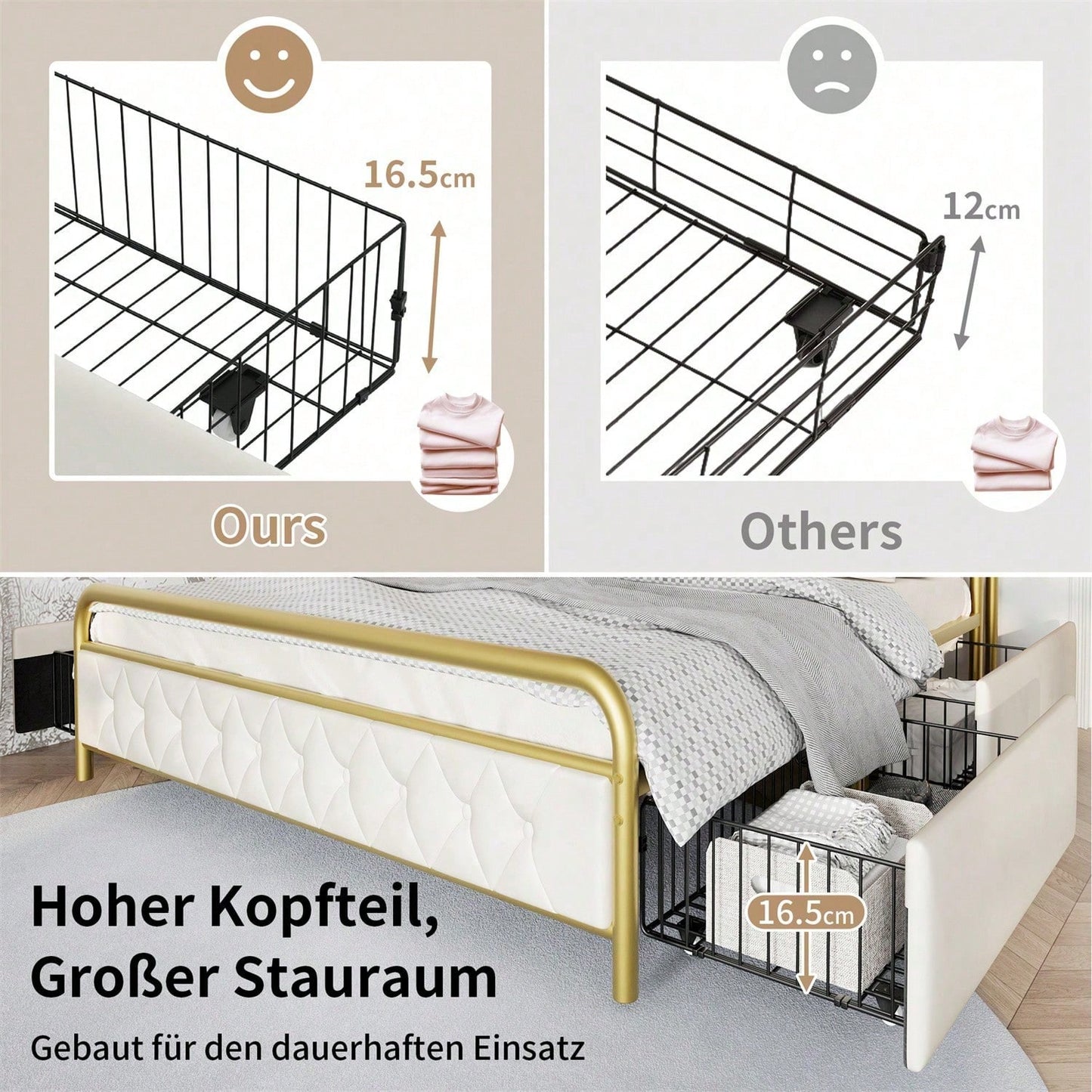 Polsterbett Doppelbett mit aufladen USB Type C Ladefunktion APP-Control LED Bettgestell Metallbett 140*200 Bettrahmen und 4 Schubladen, Samt