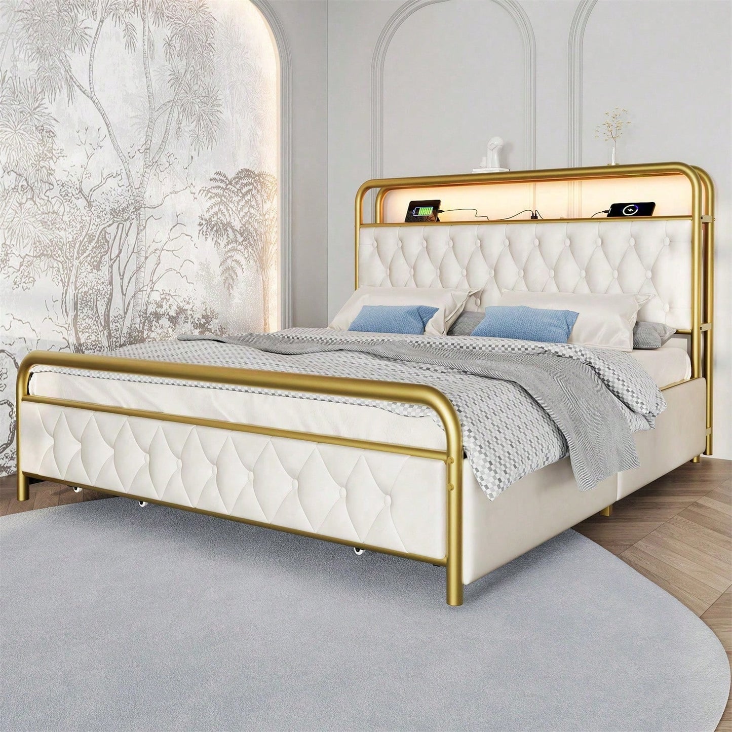 Polsterbett Doppelbett mit aufladen USB Type C Ladefunktion APP-Control LED Bettgestell Metallbett 140*200 Bettrahmen und 4 Schubladen, Samt