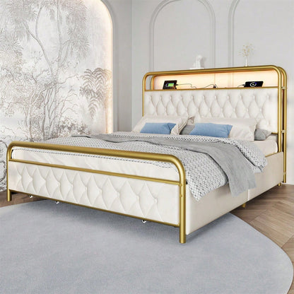 Polsterbett Doppelbett mit aufladen USB Type C Ladefunktion APP-Control LED Bettgestell Metallbett 140*200 Bettrahmen und 4 Schubladen, Samt