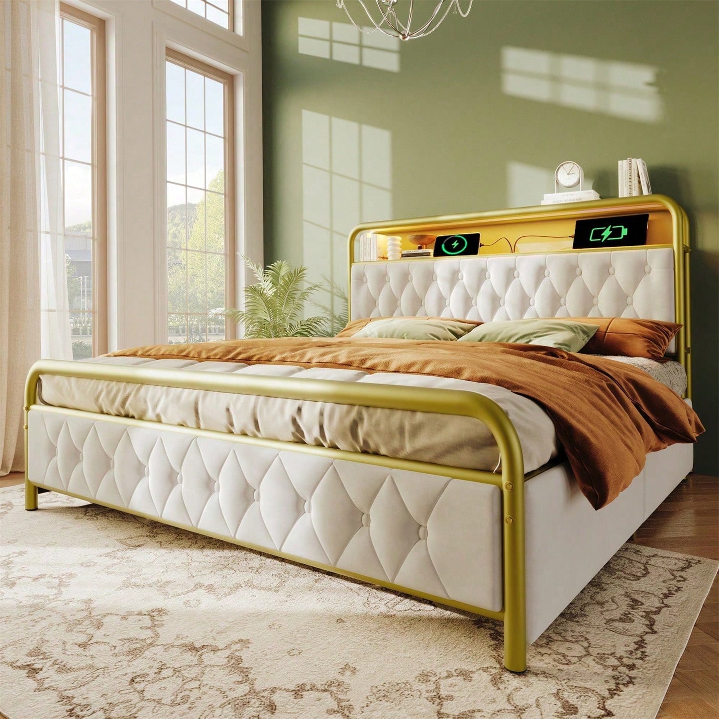 Polsterbett Doppelbett mit aufladen USB Type C Ladefunktion APP-Control LED Bettgestell Metallbett 140*200 Bettrahmen und 4 Schubladen, Samt