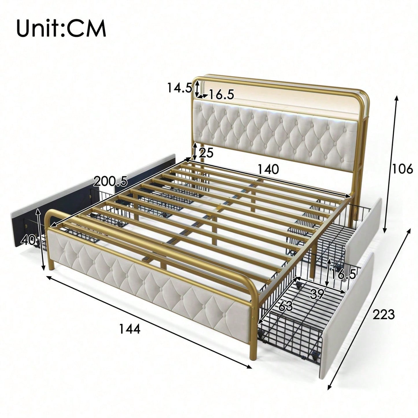 Polsterbett Doppelbett mit aufladen USB Type C Ladefunktion APP-Control LED Bettgestell Metallbett 140*200 Bettrahmen und 4 Schubladen, Samt