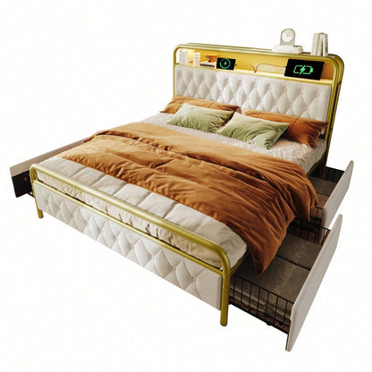 Polsterbett Doppelbett mit aufladen USB Type C Ladefunktion APP-Control LED Bettgestell Metallbett 140*200 Bettrahmen und 4 Schubladen, Samt