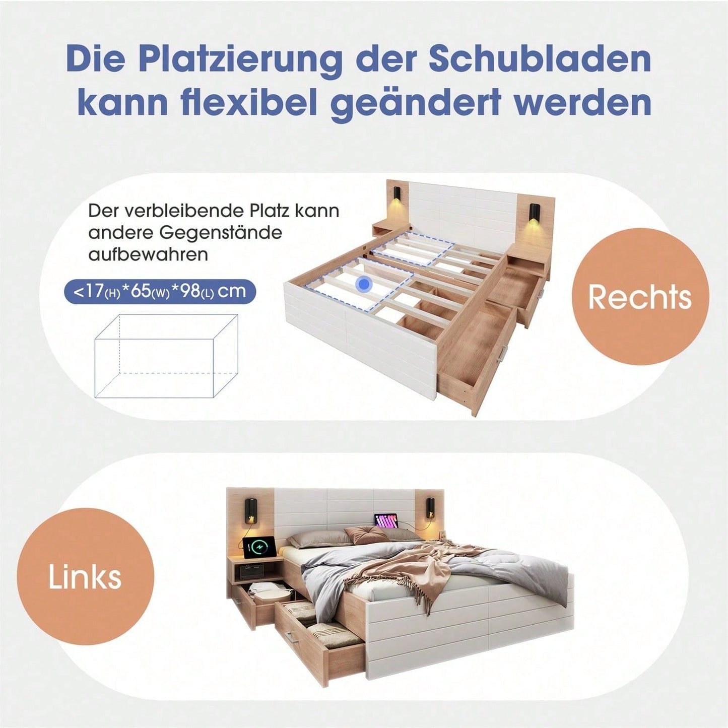 Doppelbett Holzbett Bettanlage140*200cm mit 2 Schubladen,Kopfteil Leselicht mit USB Ladefunktion,Modernes Bett inkl.2 Nachtkommode,Bettgestell &Lattenrost215*80*207cm Set in Eiche/Weiß