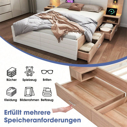 Doppelbett Holzbett Bettanlage140*200cm mit 2 Schubladen,Kopfteil Leselicht mit USB Ladefunktion,Modernes Bett inkl.2 Nachtkommode,Bettgestell &Lattenrost215*80*207cm Set in Eiche/Weiß