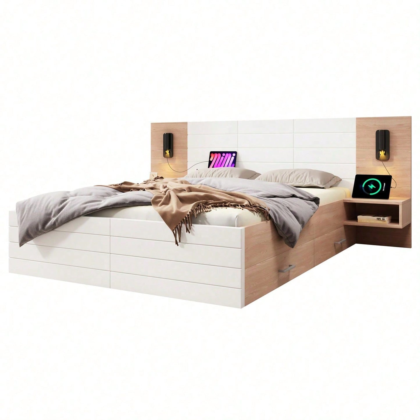 Doppelbett Holzbett Bettanlage140*200cm mit 2 Schubladen,Kopfteil Leselicht mit USB Ladefunktion,Modernes Bett inkl.2 Nachtkommode,Bettgestell &Lattenrost215*80*207cm Set in Eiche/Weiß
