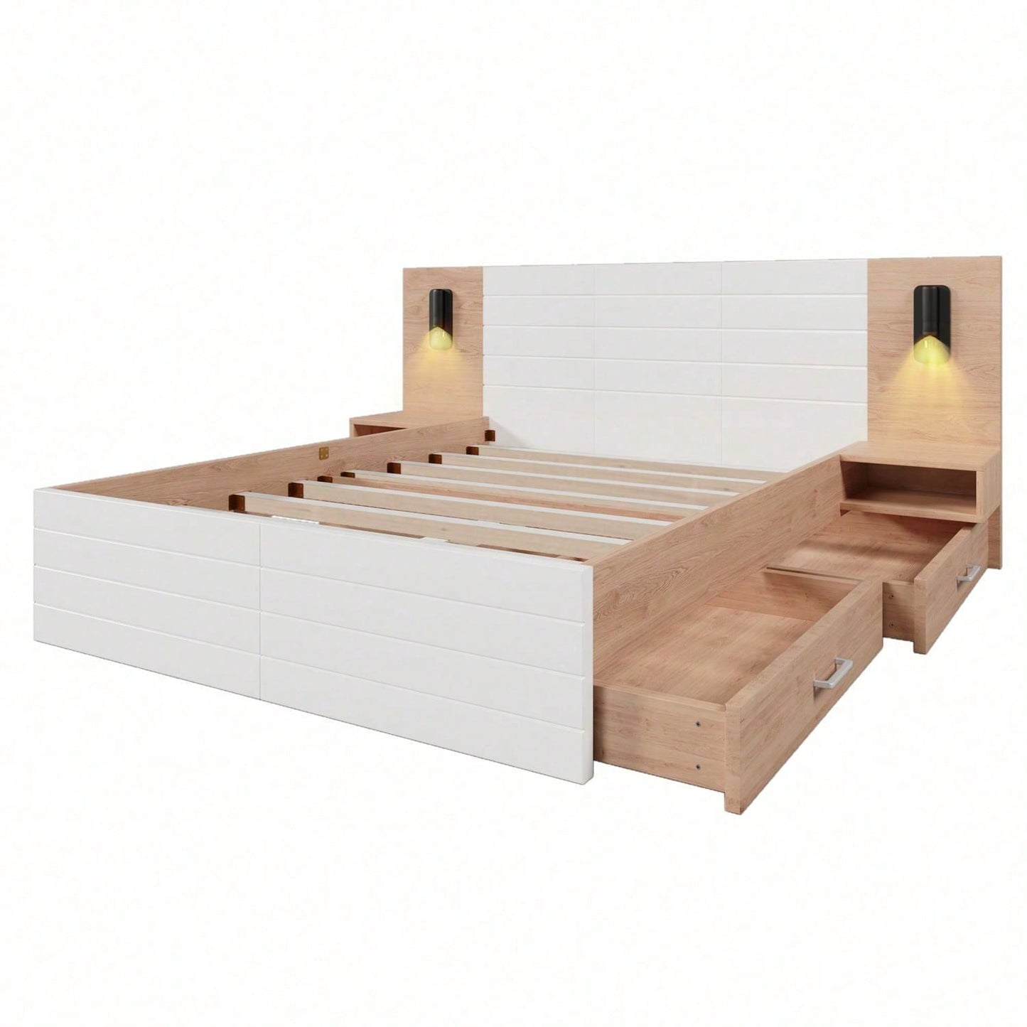 Doppelbett Holzbett Bettanlage140*200cm mit 2 Schubladen,Kopfteil Leselicht mit USB Ladefunktion,Modernes Bett inkl.2 Nachtkommode,Bettgestell &Lattenrost215*80*207cm Set in Eiche/Weiß