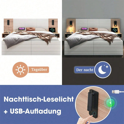 Doppelbett Holzbett Bettanlage140*200cm mit 2 Schubladen,Kopfteil Leselicht mit USB Ladefunktion,Modernes Bett inkl.2 Nachtkommode,Bettgestell &Lattenrost215*80*207cm Set in Eiche/Weiß
