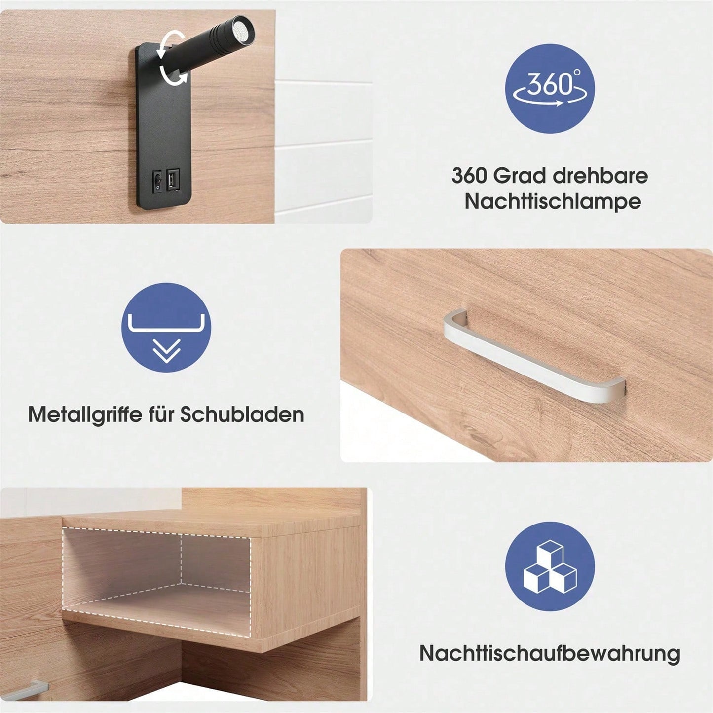 Doppelbett Holzbett Bettanlage140*200cm mit 2 Schubladen,Kopfteil Leselicht mit USB Ladefunktion,Modernes Bett inkl.2 Nachtkommode,Bettgestell &Lattenrost215*80*207cm Set in Eiche/Weiß