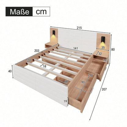 Doppelbett Holzbett Bettanlage140*200cm mit 2 Schubladen,Kopfteil Leselicht mit USB Ladefunktion,Modernes Bett inkl.2 Nachtkommode,Bettgestell &Lattenrost215*80*207cm Set in Eiche/Weiß