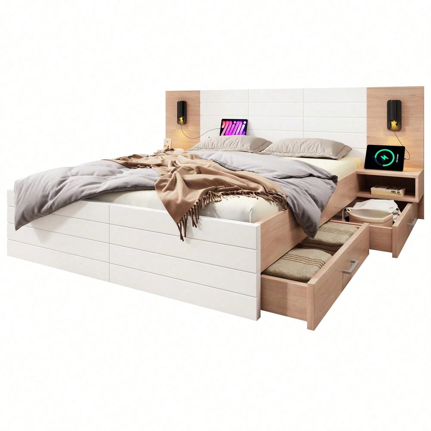 Doppelbett Holzbett Bettanlage140*200cm mit 2 Schubladen,Kopfteil Leselicht mit USB Ladefunktion,Modernes Bett inkl.2 Nachtkommode,Bettgestell &Lattenrost215*80*207cm Set in Eiche/Weiß