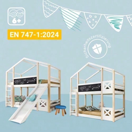 Kinderbett Baumhaus mit Rutsche & Leiter 90 x 200 cm, Hochbett für Kinder– 2x Lattenrost- Natur & Weiß
