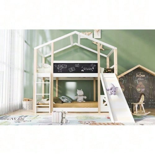 Kinderbett Baumhaus mit Rutsche & Leiter 90 x 200 cm, Hochbett für Kinder– 2x Lattenrost- Natur & Weiß