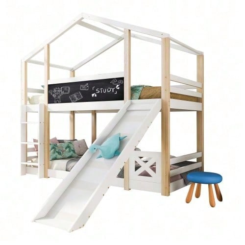 Kinderbett Baumhaus mit Rutsche & Leiter 90 x 200 cm, Hochbett für Kinder– 2x Lattenrost- Natur & Weiß