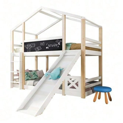 Kinderbett Baumhaus mit Rutsche & Leiter 90 x 200 cm, Hochbett für Kinder– 2x Lattenrost- Natur & Weiß