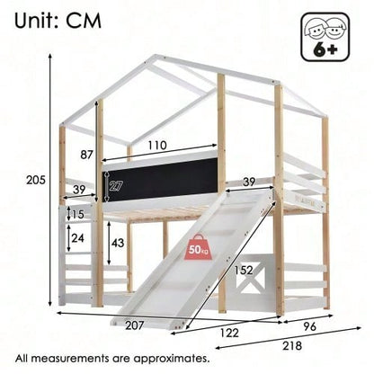 Kinderbett Baumhaus mit Rutsche & Leiter 90 x 200 cm, Hochbett für Kinder– 2x Lattenrost- Natur & Weiß