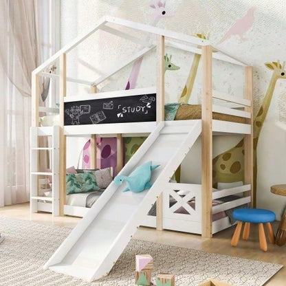 Kinderbett Baumhaus mit Rutsche & Leiter 90 x 200 cm, Hochbett für Kinder– 2x Lattenrost- Natur & Weiß
