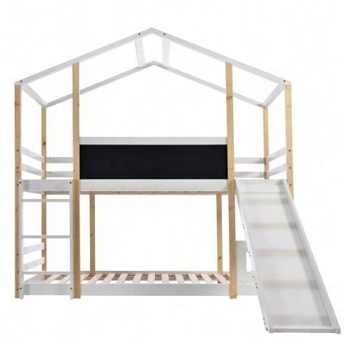 Kinderbett Baumhaus mit Rutsche & Leiter 90 x 200 cm, Hochbett für Kinder– 2x Lattenrost- Natur & Weiß