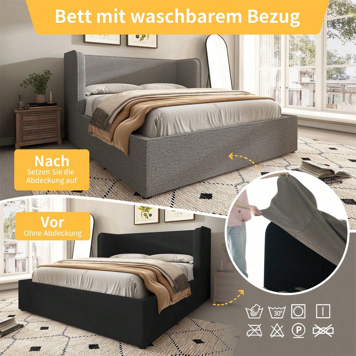 Polsterbett 180*200, Doppelbett Hydraulisch Stauraumbett mit Breite Seitenlehn und Abnehmbarer Bettrahmenbezug, Bettgestell mit Lattenrost und Stauraum, Leinen, Grau, Ohne Matratze