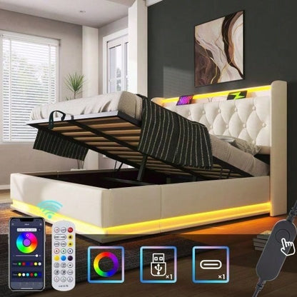 Polsterbett Doppelbett, 360-Surround-LED-Funktion, Drucktaste/App/Fernbedienung,180*200 cm,Grau Leinen-Material Hydraulisches Lagerbett, gepolstertes Kopfteil mit USB Typ-C Ladefunktion(Ohne Matratze)