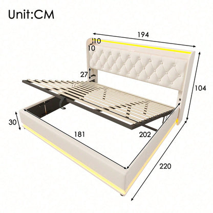 Polsterbett Doppelbett, 360-Surround-LED-Funktion, Drucktaste/App/Fernbedienung,180*200 cm,Grau Leinen-Material Hydraulisches Lagerbett, gepolstertes Kopfteil mit USB Typ-C Ladefunktion(Ohne Matratze)
