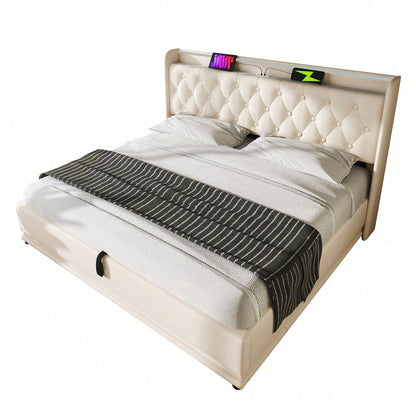 Polsterbett Doppelbett, 360-Surround-LED-Funktion, Drucktaste/App/Fernbedienung,180*200 cm,Grau Leinen-Material Hydraulisches Lagerbett, gepolstertes Kopfteil mit USB Typ-C Ladefunktion(Ohne Matratze)