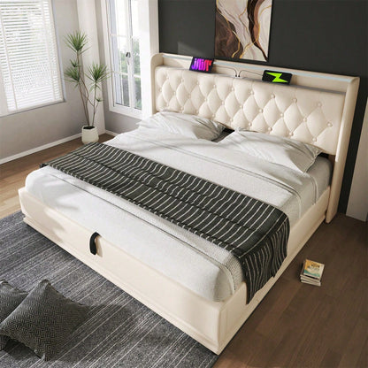 Polsterbett Doppelbett, 360-Surround-LED-Funktion, Drucktaste/App/Fernbedienung,180*200 cm,Grau Leinen-Material Hydraulisches Lagerbett, gepolstertes Kopfteil mit USB Typ-C Ladefunktion(Ohne Matratze)