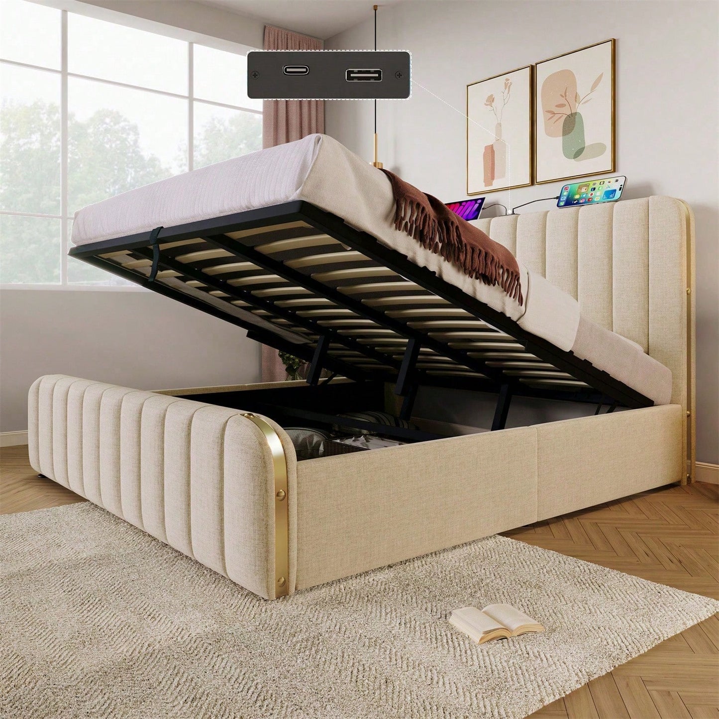 Polsterbett Doppeltes, gepolstertes Kopfteil mit goldenen Zierstreifen und ,USB Typ-C Ladefunktion 180*200 cm, Beige Leinen-Material Hydraulisches Lagerbett,Belastbarkeit 226 kg (Ohne Matratze)