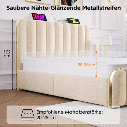 Polsterbett Doppeltes, gepolstertes Kopfteil mit goldenen Zierstreifen und ,USB Typ-C Ladefunktion 180*200 cm, Beige Leinen-Material Hydraulisches Lagerbett,Belastbarkeit 226 kg (Ohne Matratze)