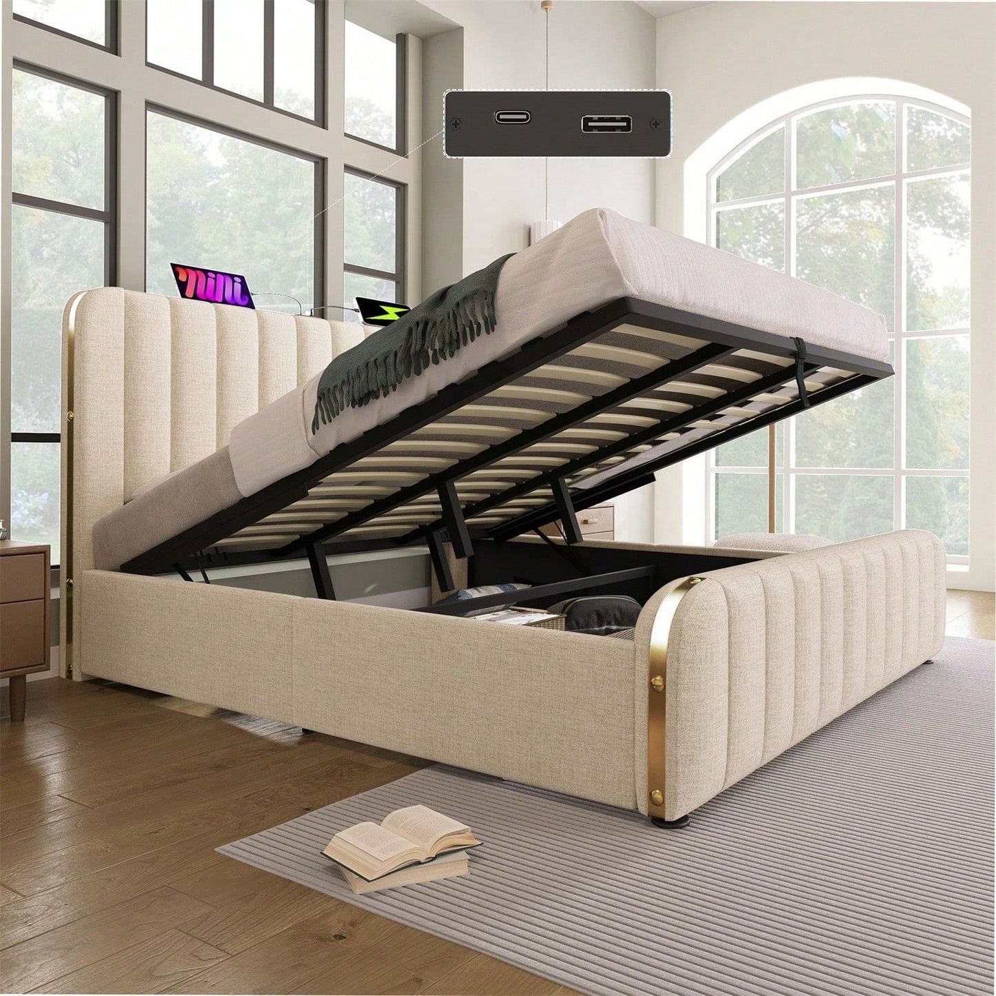 Polsterbett Doppeltes, gepolstertes Kopfteil mit goldenen Zierstreifen und ,USB Typ-C Ladefunktion 180*200 cm, Beige Leinen-Material Hydraulisches Lagerbett,Belastbarkeit 226 kg (Ohne Matratze)