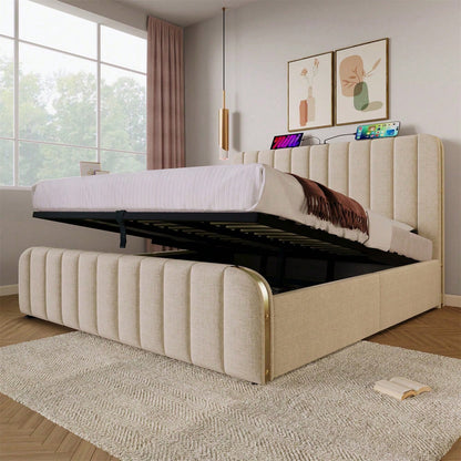 Polsterbett Doppeltes, gepolstertes Kopfteil mit goldenen Zierstreifen und ,USB Typ-C Ladefunktion 180*200 cm, Beige Leinen-Material Hydraulisches Lagerbett,Belastbarkeit 226 kg (Ohne Matratze)