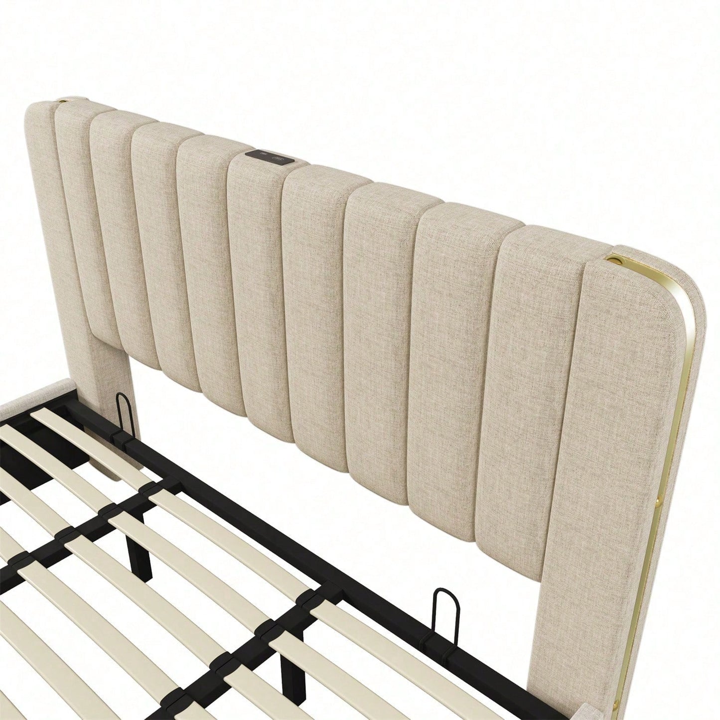 Polsterbett Doppeltes, gepolstertes Kopfteil mit goldenen Zierstreifen und ,USB Typ-C Ladefunktion 180*200 cm, Beige Leinen-Material Hydraulisches Lagerbett,Belastbarkeit 226 kg (Ohne Matratze)