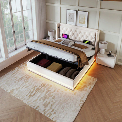 Polsterbett Doppelbett 140*200 cm,Beige Baumwolle-Material Hydraulisches Stauraumbett, gepolstertes Kopfteil mit USB Typ-C Ladefunktion, 3-seitige LED-Funktion(Ohne Matratze)