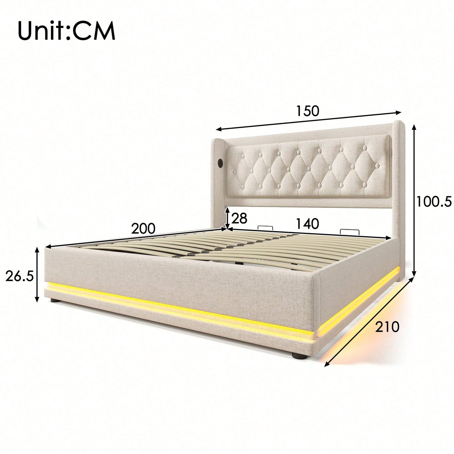 Polsterbett Doppelbett 140*200 cm,Beige Baumwolle-Material Hydraulisches Stauraumbett, gepolstertes Kopfteil mit USB Typ-C Ladefunktion, 3-seitige LED-Funktion(Ohne Matratze)