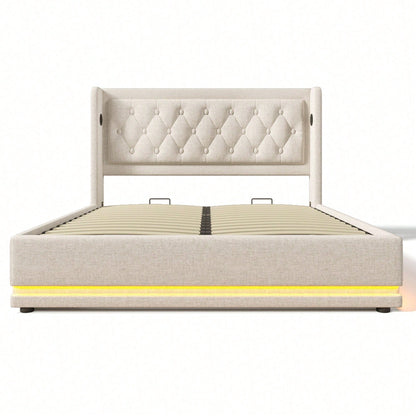 Polsterbett Doppelbett 140*200 cm,Beige Baumwolle-Material Hydraulisches Stauraumbett, gepolstertes Kopfteil mit USB Typ-C Ladefunktion, 3-seitige LED-Funktion(Ohne Matratze)
