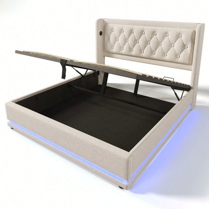 Polsterbett Doppelbett 140*200 cm,Beige Baumwolle-Material Hydraulisches Stauraumbett, gepolstertes Kopfteil mit USB Typ-C Ladefunktion, 3-seitige LED-Funktion(Ohne Matratze)