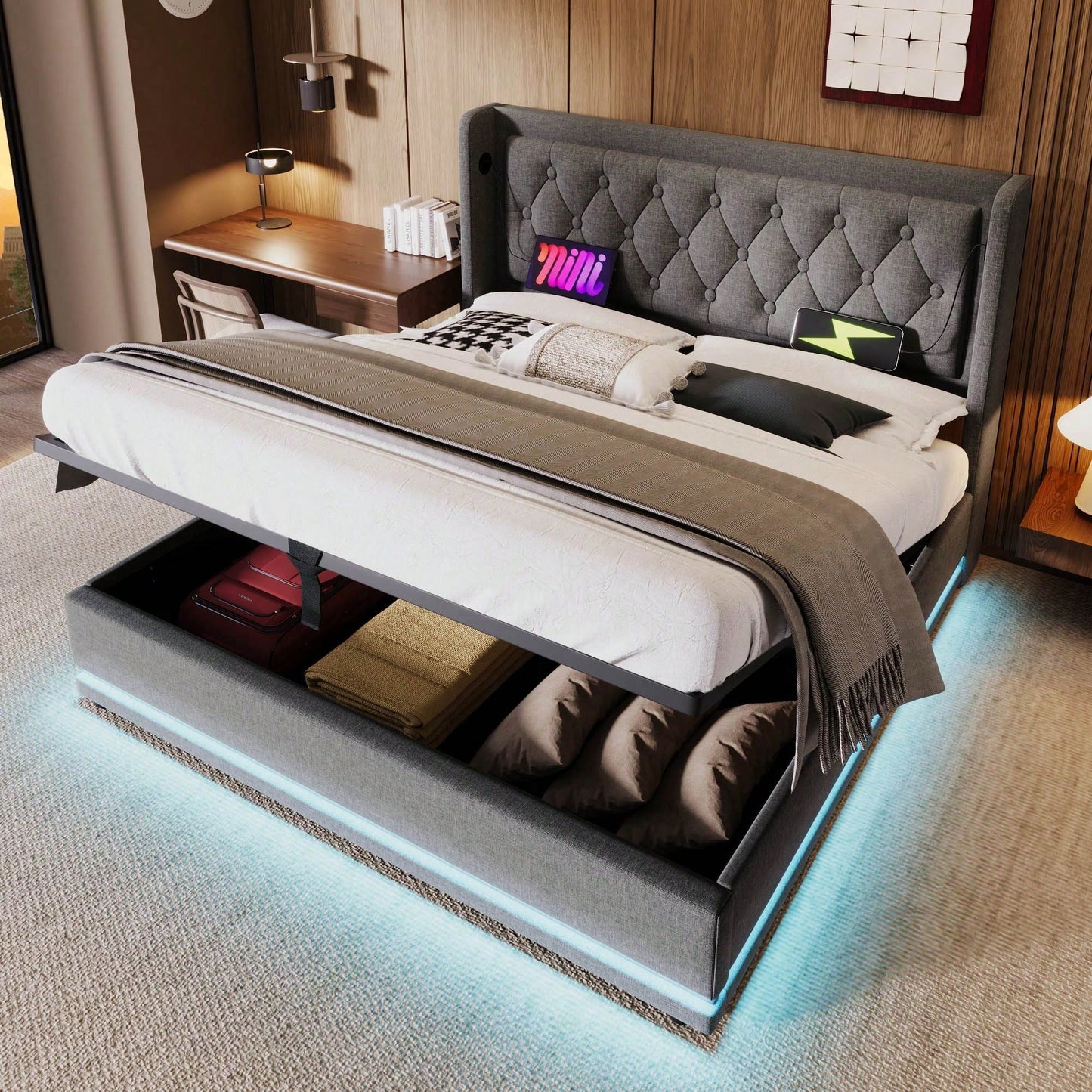 Polsterbett Doppelbett 140*200 cm,Beige Baumwolle-Material Hydraulisches Stauraumbett, gepolstertes Kopfteil mit USB Typ-C Ladefunktion, 3-seitige LED-Funktion(Ohne Matratze)