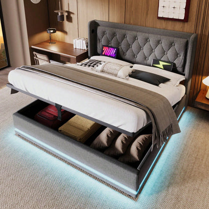 Polsterbett Doppelbett 140*200 cm,Beige Baumwolle-Material Hydraulisches Stauraumbett, gepolstertes Kopfteil mit USB Typ-C Ladefunktion, 3-seitige LED-Funktion(Ohne Matratze)