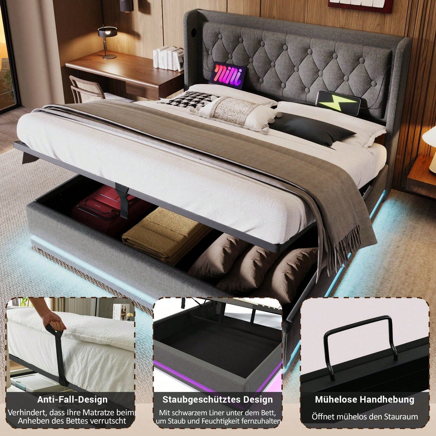 Polsterbett Doppelbett 140*200 cm,Beige Baumwolle-Material Hydraulisches Stauraumbett, gepolstertes Kopfteil mit USB Typ-C Ladefunktion, 3-seitige LED-Funktion(Ohne Matratze)
