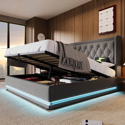 Polsterbett Doppelbett 140*200 cm,Beige Baumwolle-Material Hydraulisches Stauraumbett, gepolstertes Kopfteil mit USB Typ-C Ladefunktion, 3-seitige LED-Funktion(Ohne Matratze)