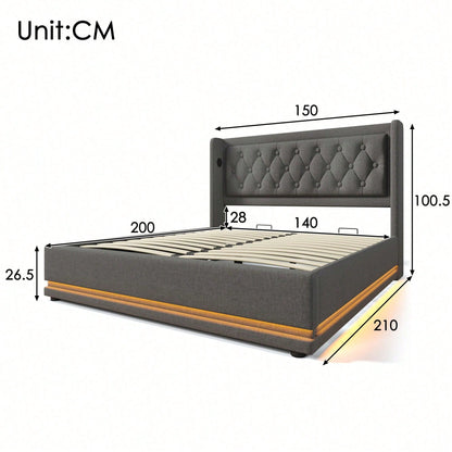 Polsterbett Doppelbett 140*200 cm,Beige Baumwolle-Material Hydraulisches Stauraumbett, gepolstertes Kopfteil mit USB Typ-C Ladefunktion, 3-seitige LED-Funktion(Ohne Matratze)