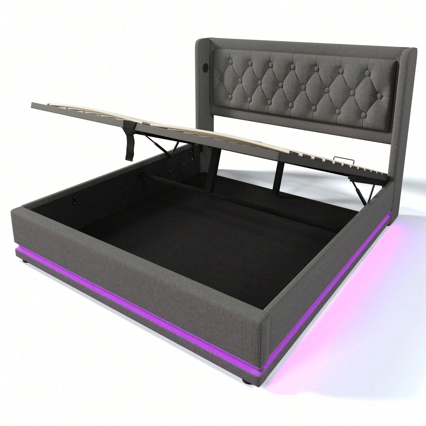 Polsterbett Doppelbett 140*200 cm,Beige Baumwolle-Material Hydraulisches Stauraumbett, gepolstertes Kopfteil mit USB Typ-C Ladefunktion, 3-seitige LED-Funktion(Ohne Matratze)