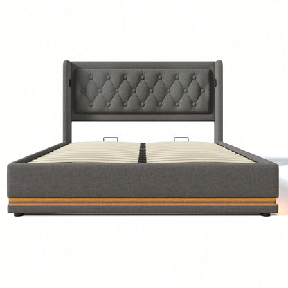Polsterbett Doppelbett 140*200 cm,Beige Baumwolle-Material Hydraulisches Stauraumbett, gepolstertes Kopfteil mit USB Typ-C Ladefunktion, 3-seitige LED-Funktion(Ohne Matratze)
