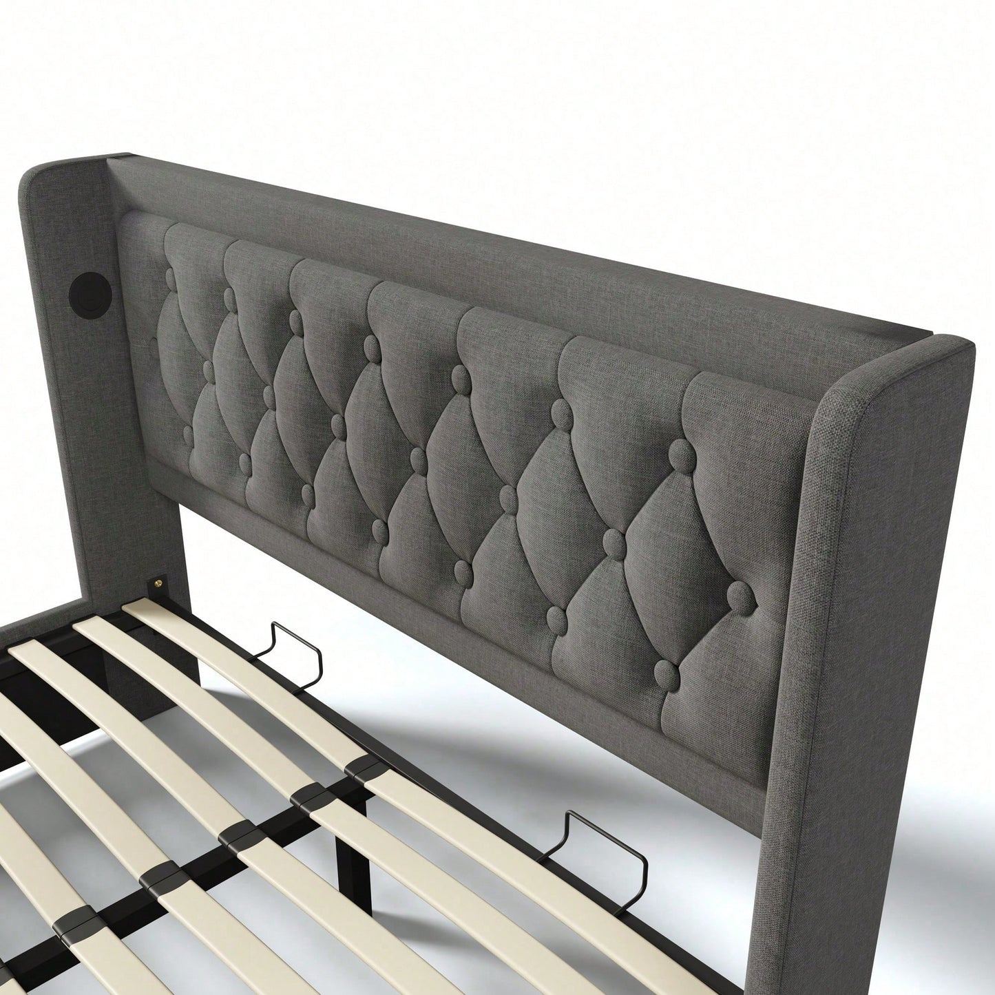 Polsterbett Doppelbett 140*200 cm,Beige Baumwolle-Material Hydraulisches Stauraumbett, gepolstertes Kopfteil mit USB Typ-C Ladefunktion, 3-seitige LED-Funktion(Ohne Matratze)