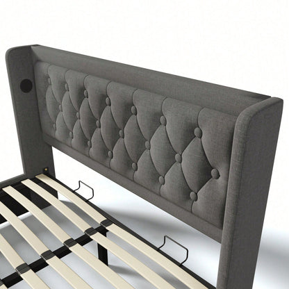 Polsterbett Doppelbett 140*200 cm,Beige Baumwolle-Material Hydraulisches Stauraumbett, gepolstertes Kopfteil mit USB Typ-C Ladefunktion, 3-seitige LED-Funktion(Ohne Matratze)